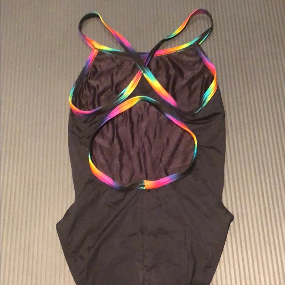 Black swimsuit with rainbow edging